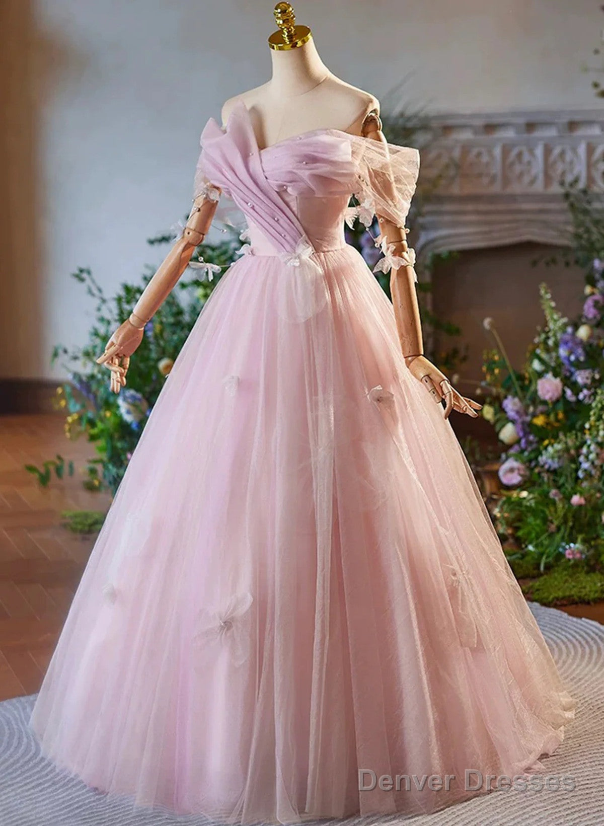 Pink Off Shoulder Tulle Long Formal Dress, Pink A-Line Prom Dress Secondary image