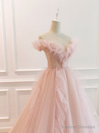 Pink Off Shoulder Tulle Long Prom Dress, Pink A line Tulle Graduation Dress