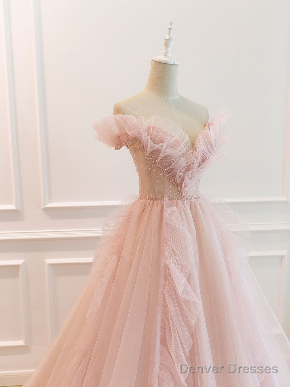 Pink Off Shoulder Tulle Long Prom Dress, Pink A line Tulle Graduation Dress