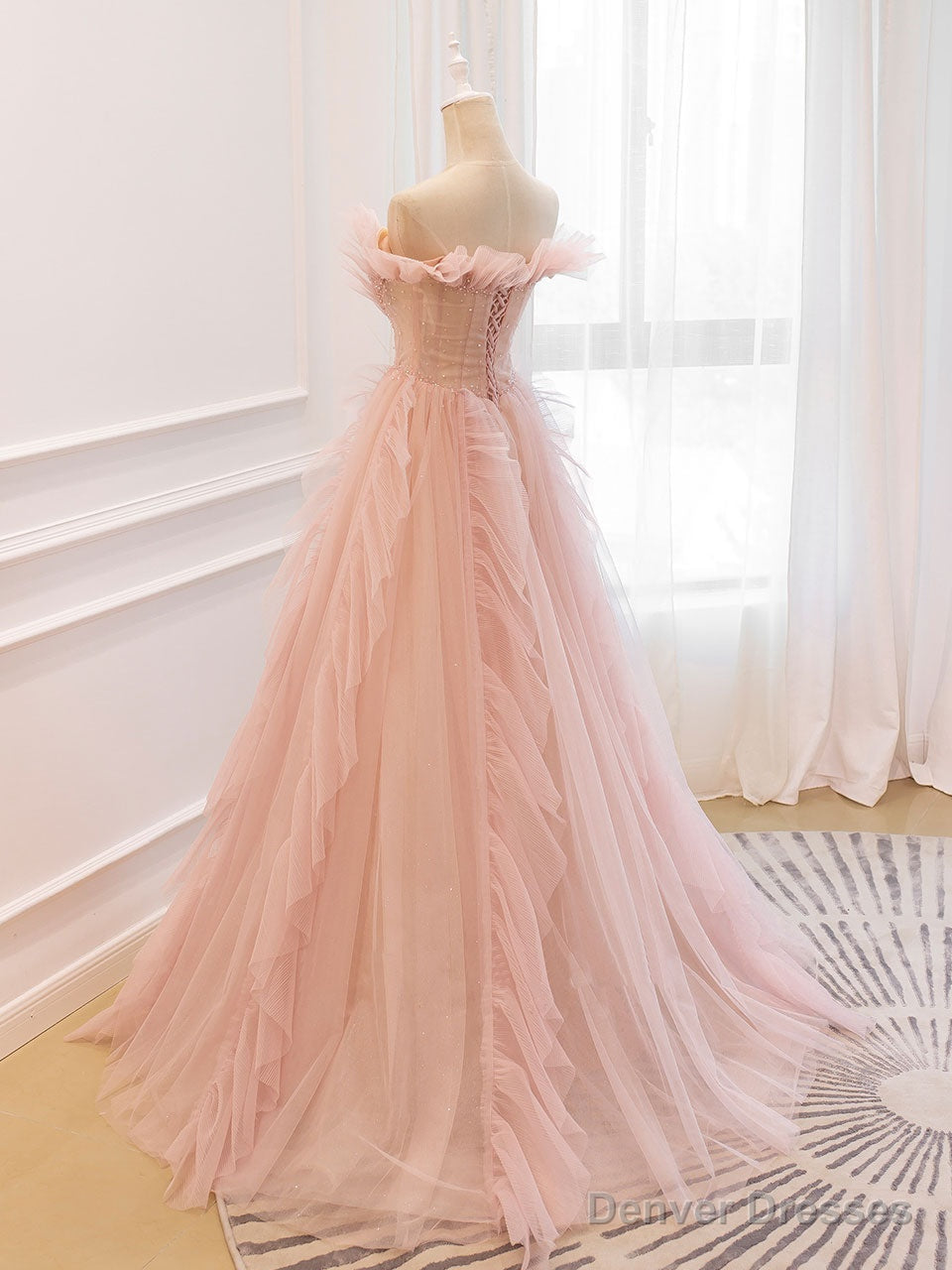 Pink Off Shoulder Tulle Long Prom Dress, Pink A line Tulle Graduation Dress Main image