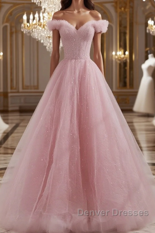 Pink off shoulder tulle sequin long prom Dress, pink formal Dress Main image