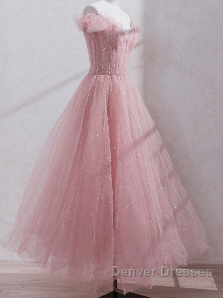 Pink off shoulder tulle sequin long prom Dress, pink formal Dress