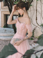 Pink Off Shoulder Tulle Simple A-Line Party Dress Prom Dress, Pink Formal Gown
