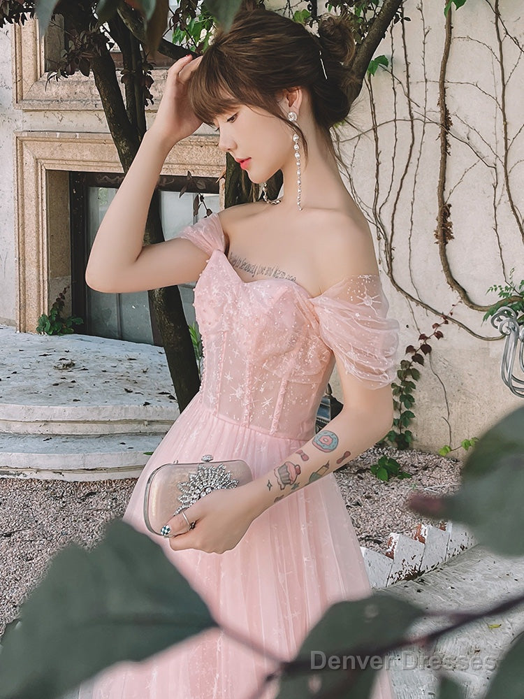 Pink Off Shoulder Tulle Simple A-Line Party Dress Prom Dress, Pink Formal Gown