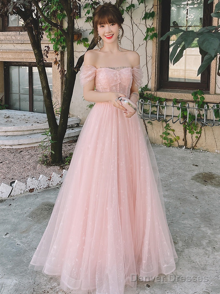 Pink Off Shoulder Tulle Simple A-Line Party Dress Prom Dress, Pink Formal Gown Main image