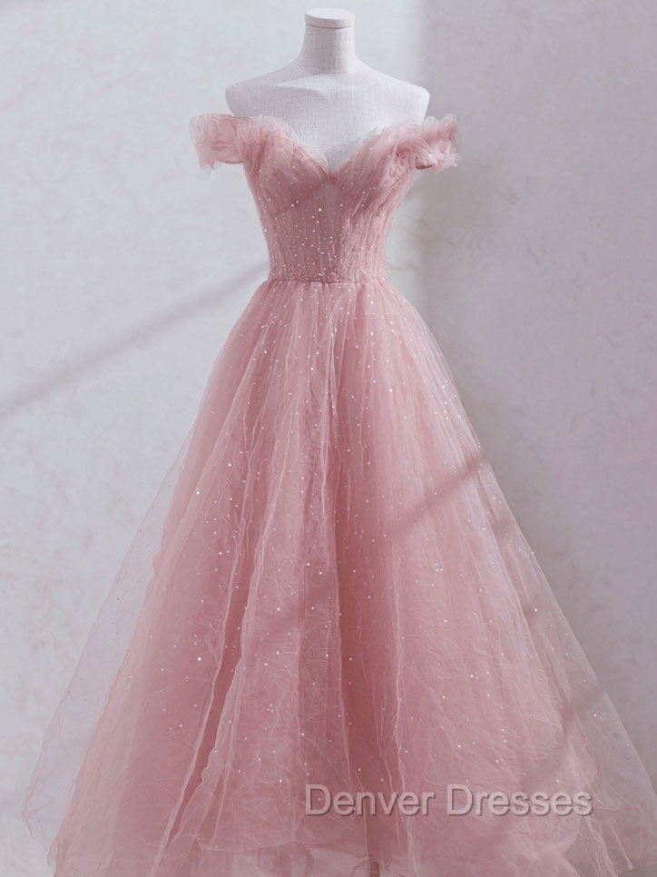 Pink Off Shoulder Tulle Tea Length Prom Dress, Pink Tulle Evening Dress
