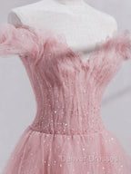 Pink Off Shoulder Tulle Tea Length Prom Dress, Pink Tulle Evening Dress