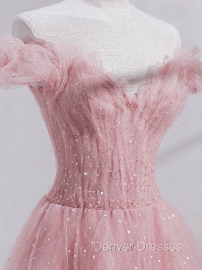 Pink Off Shoulder Tulle Tea Length Prom Dress, Pink Tulle Evening Dress