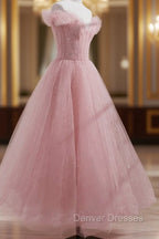 Pink Off Shoulder Tulle Tea Length Prom Dress, Pink Tulle Evening Dress