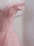 Pink Off Shoulder Tulle Tea Length Prom Dress, Tulle Formal Dress