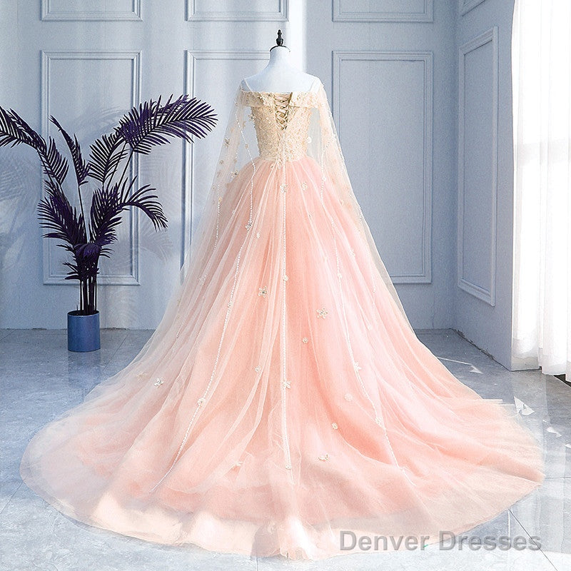 Pink Off Shoulder Tulle With Flowers Ball Gown Sweet 16 Dress, Pink Quinceanera Dress