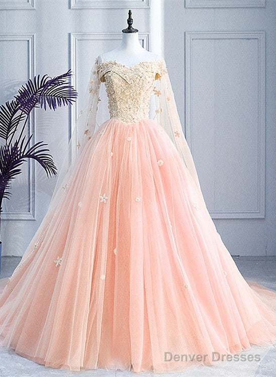 Pink Off Shoulder Tulle With Flowers Ball Gown Sweet 16 Dress, Pink Quinceanera Dress Main image