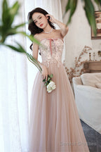 Pink Off The Shoulder Lace Evening Dress, A-Line Prom Party Dress
