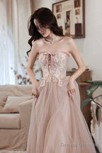 Pink Off The Shoulder Lace Evening Dress, A-Line Prom Party Dress