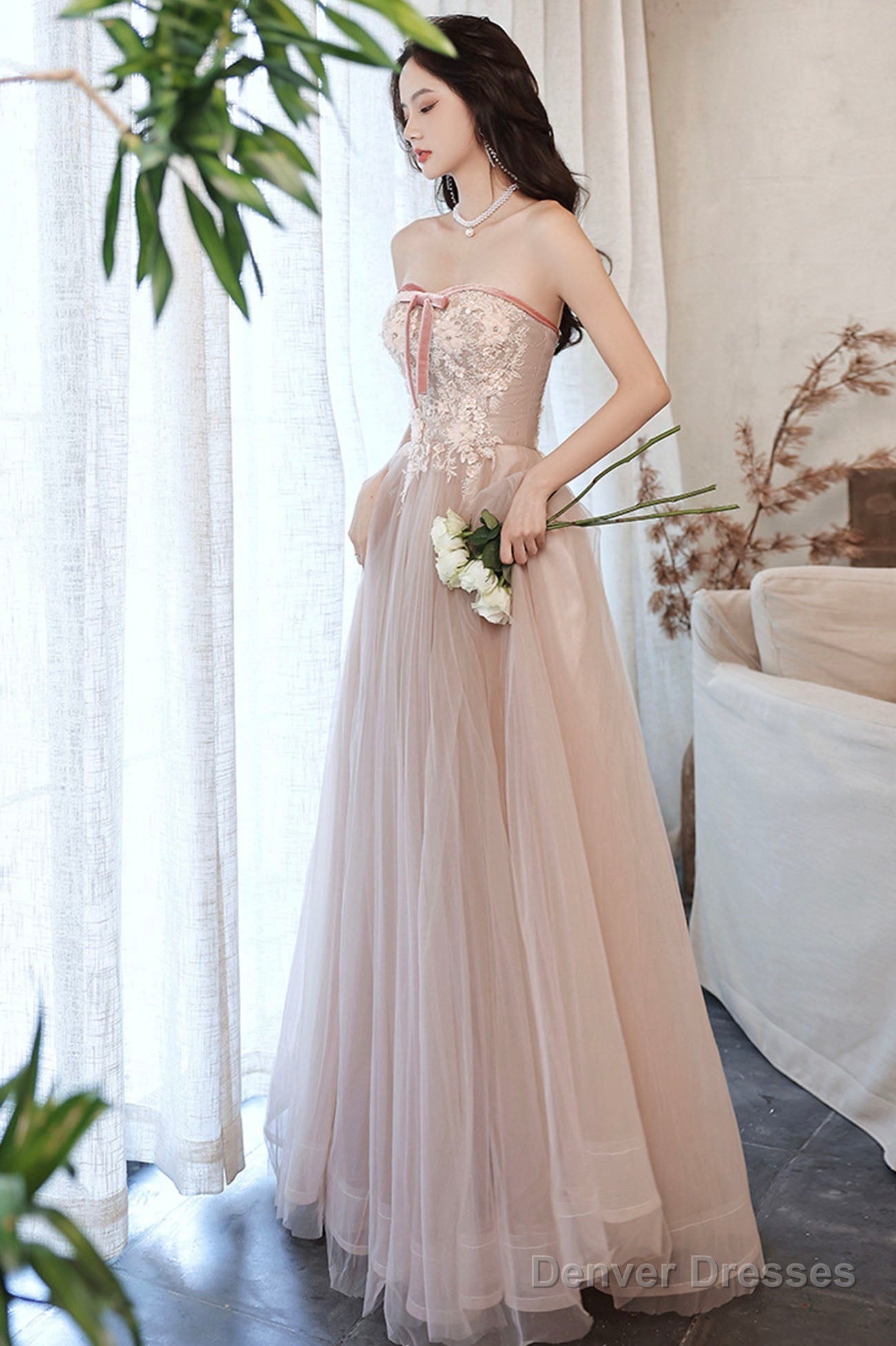 Pink Off The Shoulder Lace Evening Dress, A-Line Prom Party Dress Main image