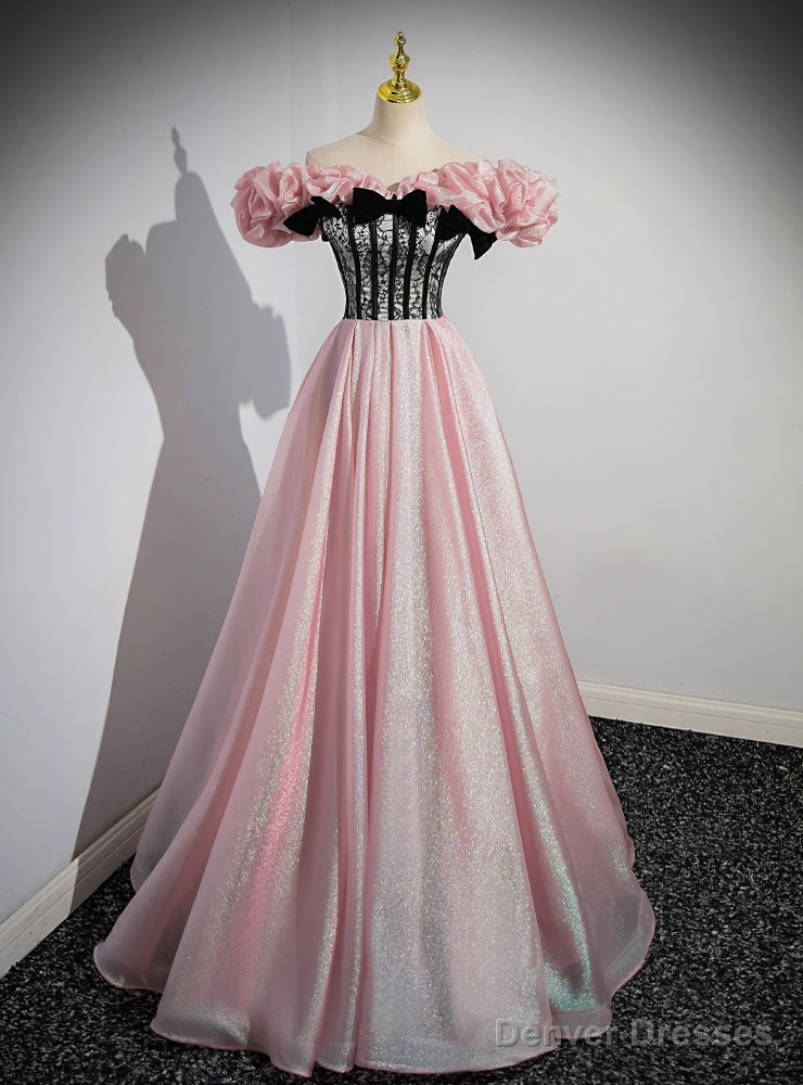 Pink Off the Shoulder Lave Bow Prom Dress Main image