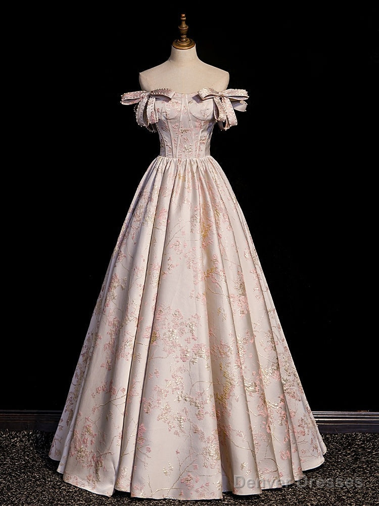 Pink Off the Shoulder Print Prom Dress Main image