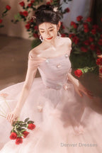 Pink Off The Shoulder Tulle Prom Dress, Lovely A-Line Long Formal Graduation Dress