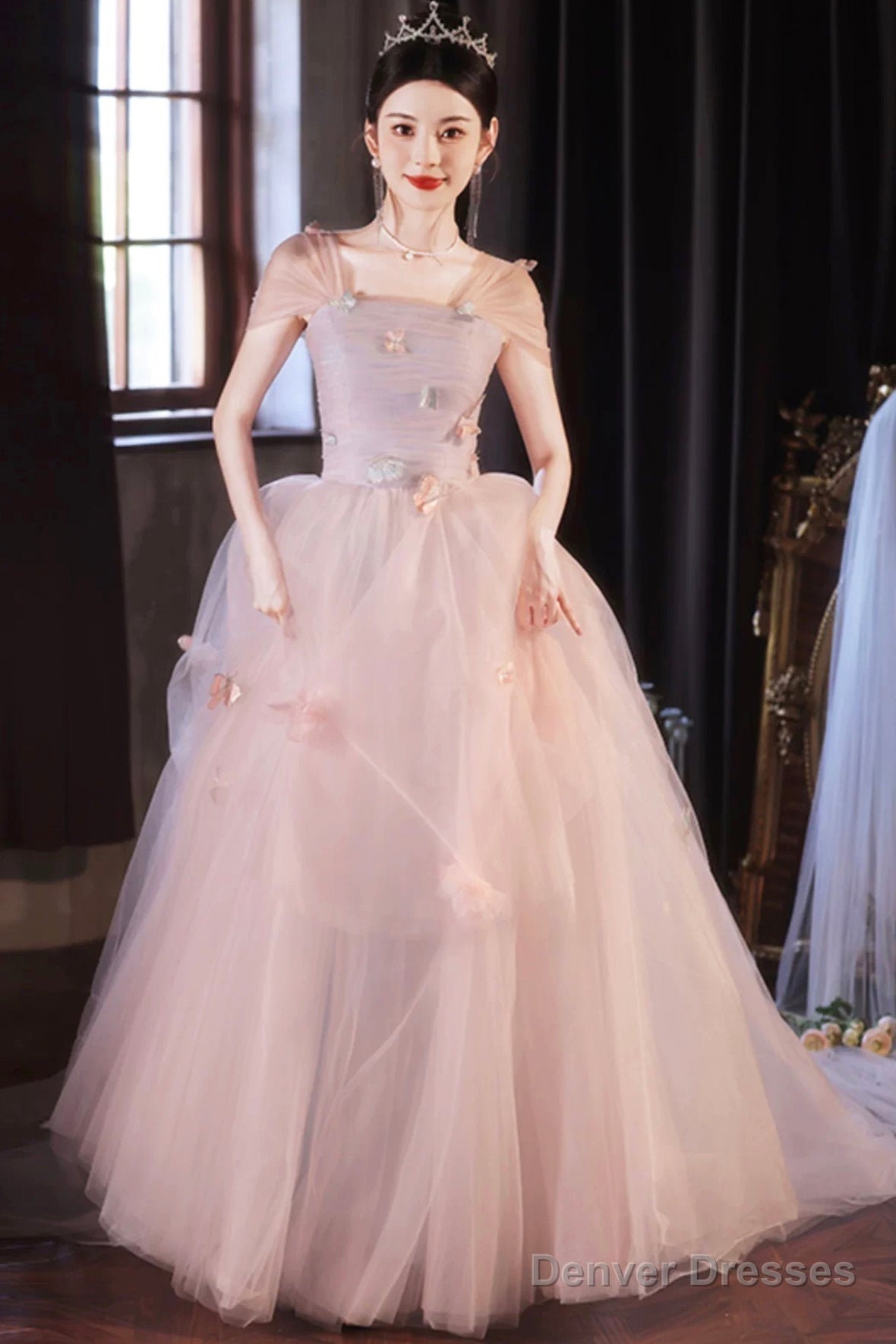 Pink Off The Shoulder Tulle Prom Dress, Lovely A-Line Long Formal Graduation Dress Main image