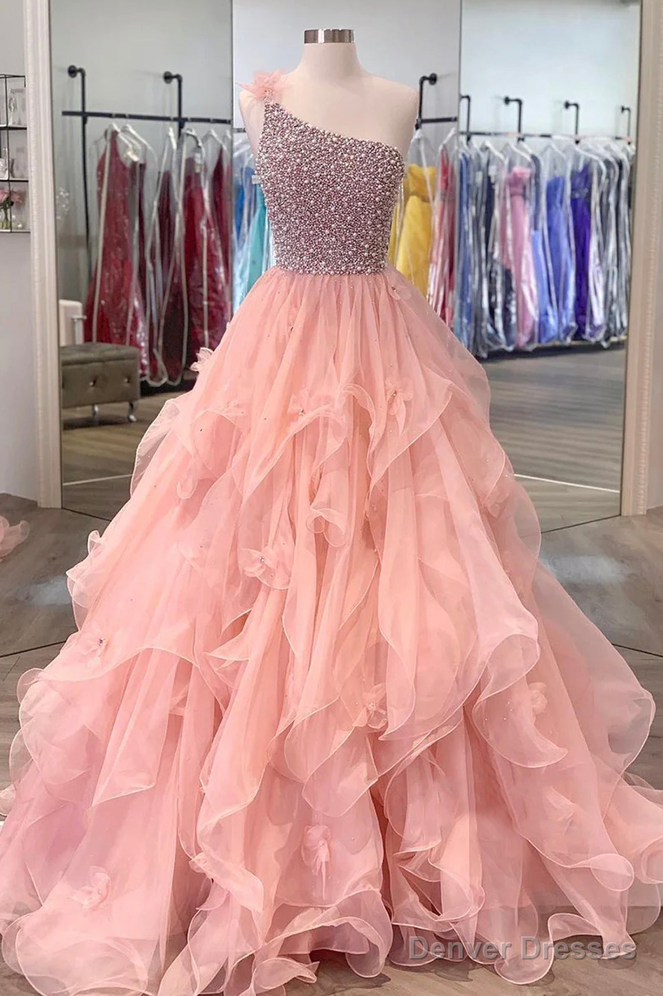 Pink One Shoulder Beaded Prom Dress, Pink Tulle Layers Evening Gown Main image