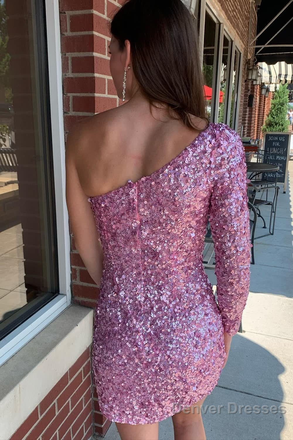 Pink One Shoulder One Sleeve Sequins Tight Short Homecoming Dress Secondary image