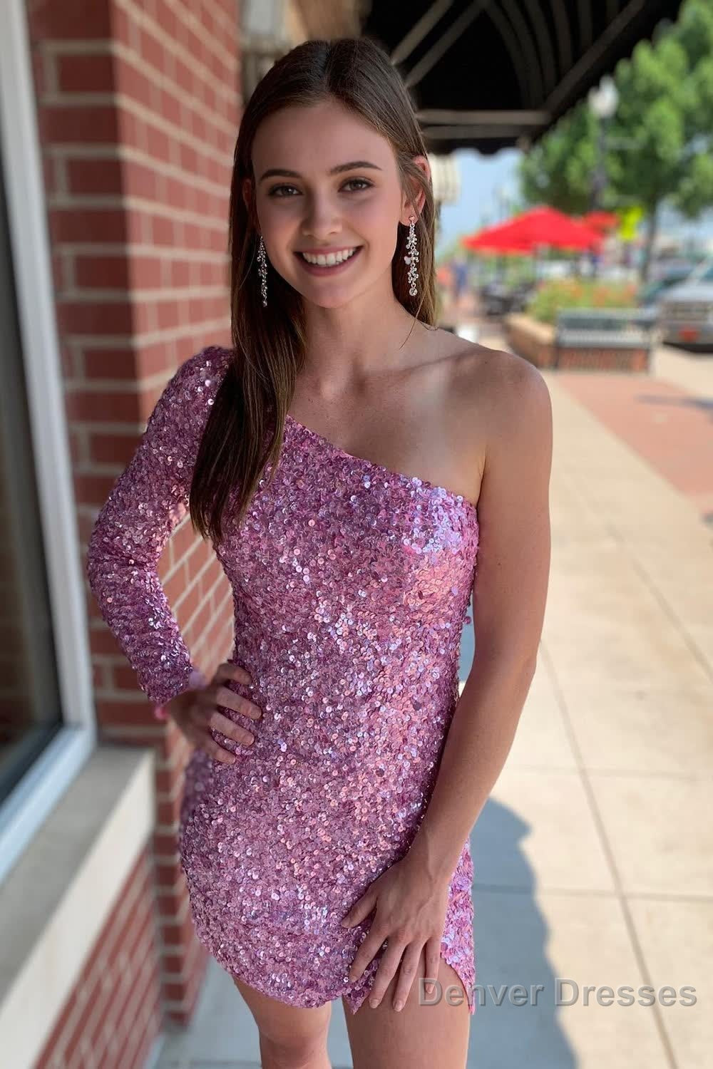 Pink One Shoulder One Sleeve Sequins Tight Short Homecoming Dress Main image
