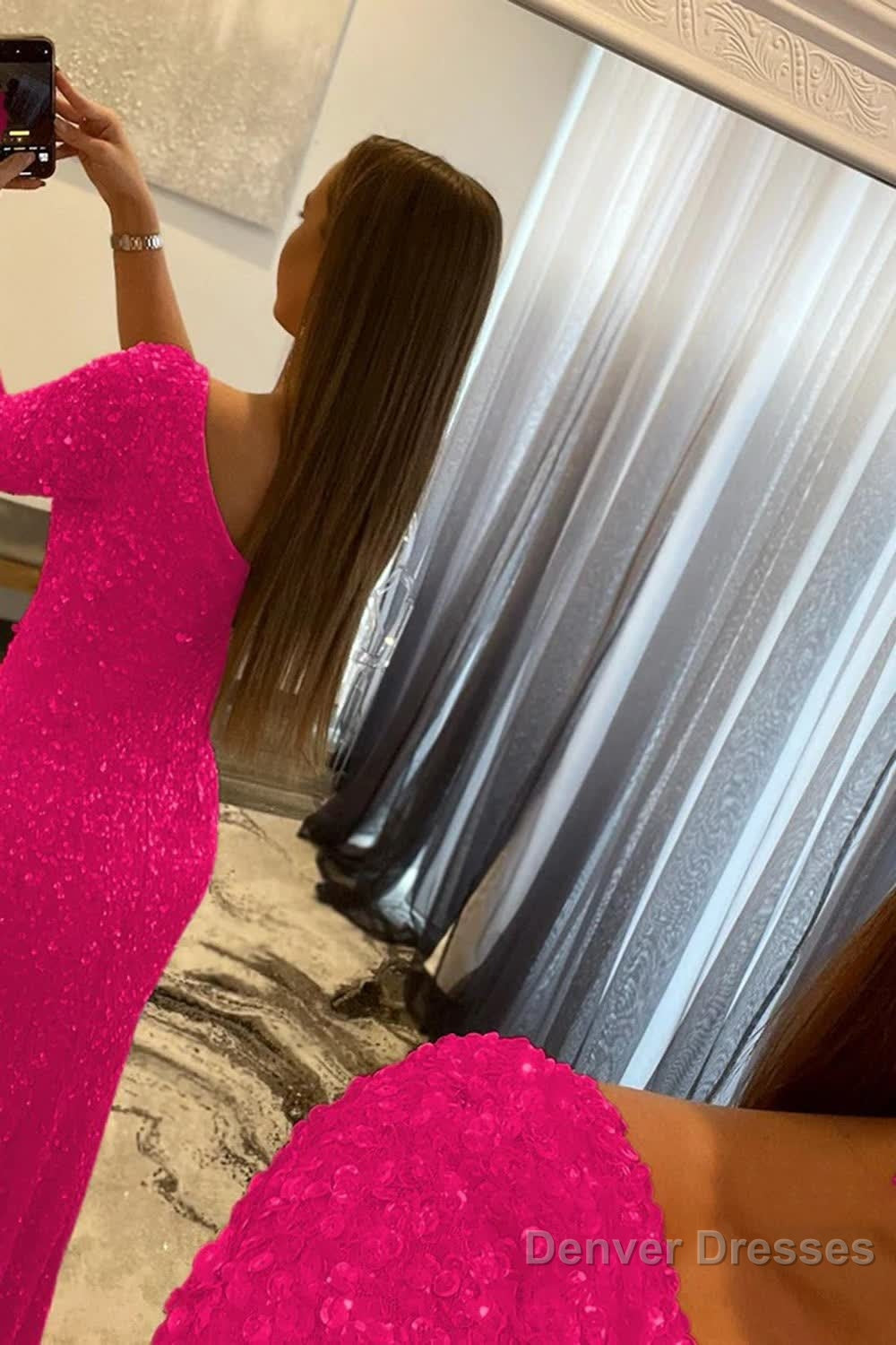 Pink One Shoulder Sequined Prom Dress Secondary image