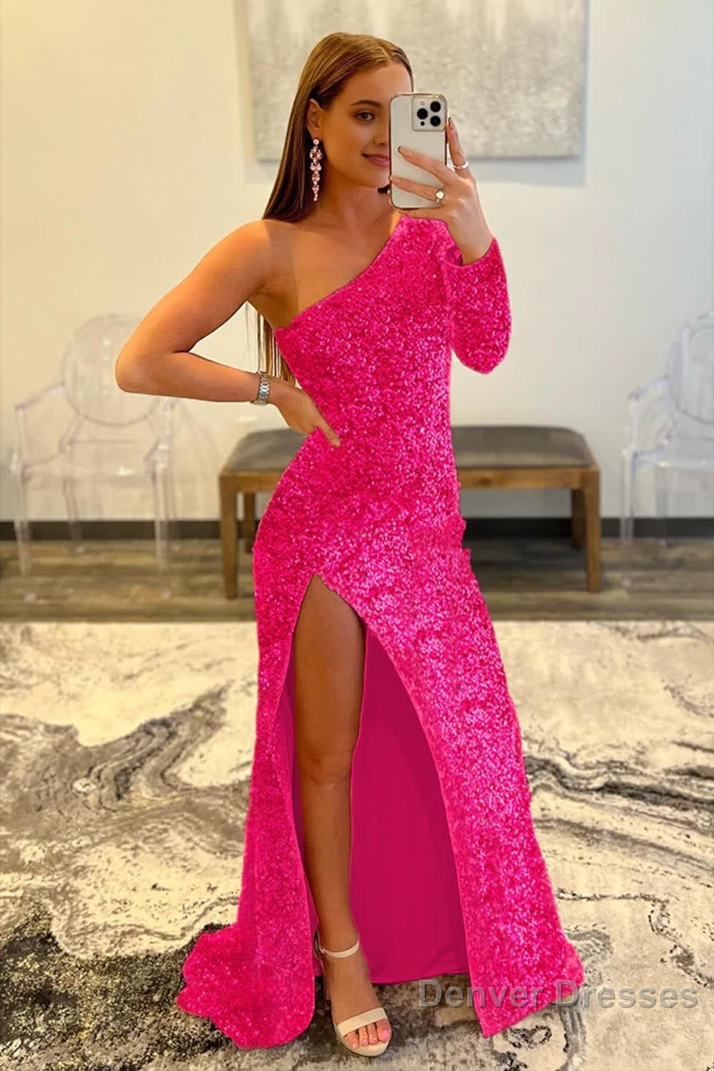 Pink One Shoulder Sequined Prom Dress Main image