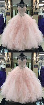 Pink Prom Dress Pink Beading Long Prom Dress Ball Gowns Cap Sleeve Wedding Dress Evening Dress
