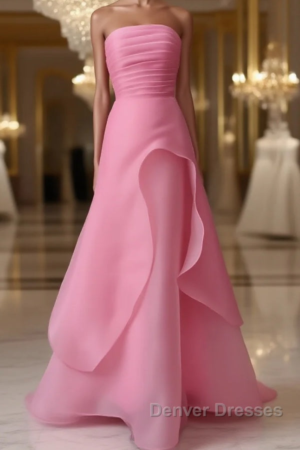 Pink Prom Dress Tulle Evening Gown Strapless Ruffles A-line Simple Prom Dress For Teens Main image