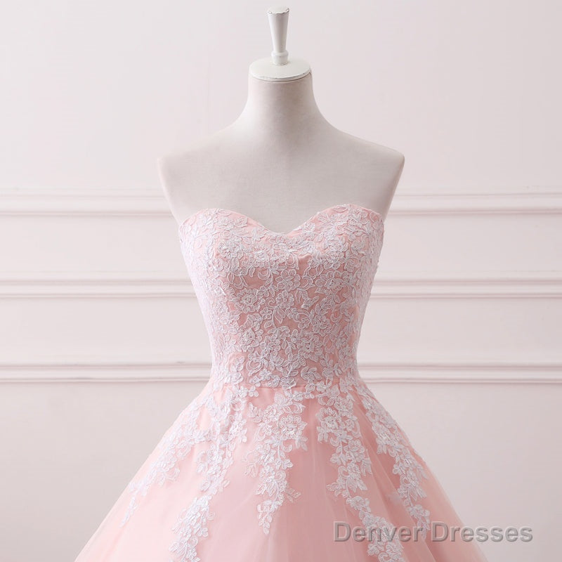 Pink Puffy Ball Gown Princess Sweetheart Tulle Formal Dress With White Lace, Pink Sweet 16 Gown