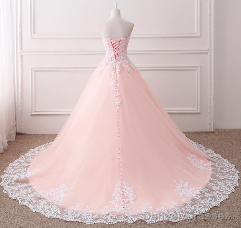 Pink Puffy Ball Gown Princess Sweetheart Tulle Formal Dress With White Lace, Pink Sweet 16 Gown