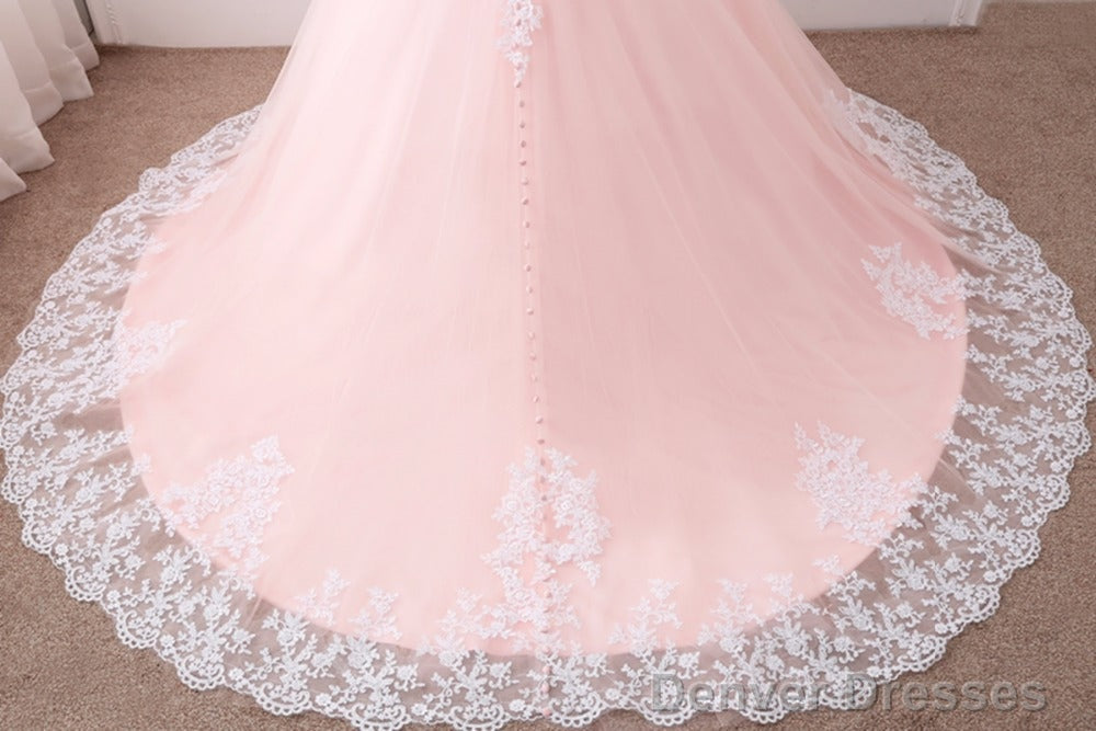 Pink Puffy Ball Gown Princess Sweetheart Tulle Formal Dress With White Lace, Pink Sweet 16 Gown