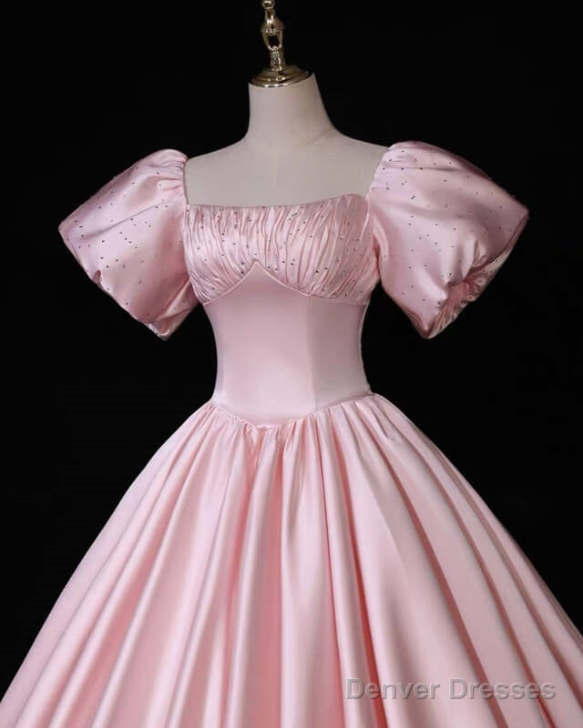Pink Puffy Sleeve Ball Gown Dress