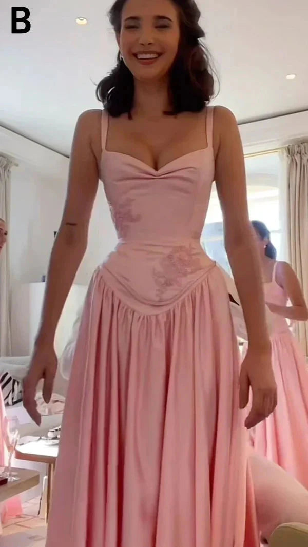 Pink Retro Elegant A-Line Spaghetti Strap Satin Long Evening Dress Birthday Party Dress Bridesmaid Dress
