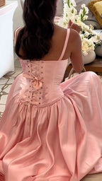 Pink Retro Elegant A-Line Spaghetti Strap Satin Long Evening Dress Birthday Party Dress Bridesmaid Dress
