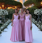 Pink Retro Elegant A-Line Spaghetti Strap Satin Long Evening Dress Birthday Party Dress Bridesmaid Dress