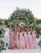 Pink Retro Elegant A-Line Spaghetti Strap Satin Long Evening Dress Birthday Party Dress Bridesmaid Dress