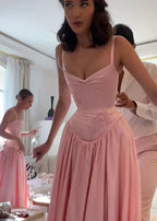 Pink Retro Elegant Sweetheart Neckline A-Line Spaghetti Strap Satin Long Evening Dress Birthday Party Dress Bridesmaid Dress
