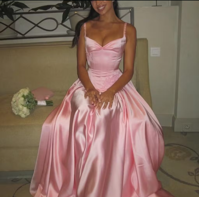 Pink Retro Elegant Sweetheart Neckline A-Line Spaghetti Strap Satin Long Evening Dress Birthday Party Dress Bridesmaid Dress