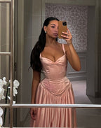 Pink Retro Elegant Sweetheart Neckline A-Line Spaghetti Strap Satin Long Evening Dress Birthday Party Dress Bridesmaid Dress