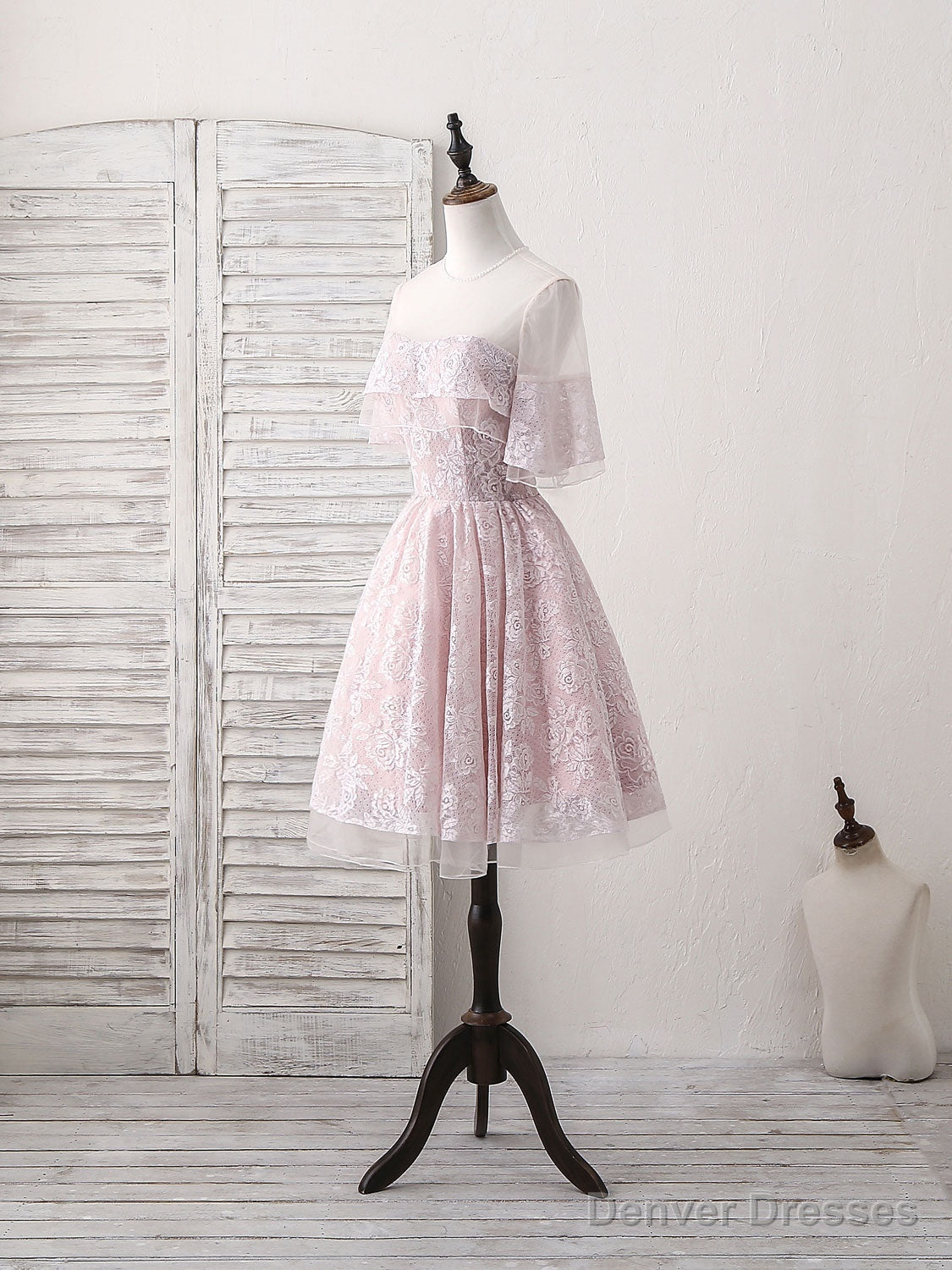 Pink Round Neck Lace Tulle Short Prom Dress, Pink Homecoming Dress Secondary image
