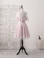 Pink Round Neck Lace Tulle Short Prom Dress, Pink Homecoming Dress