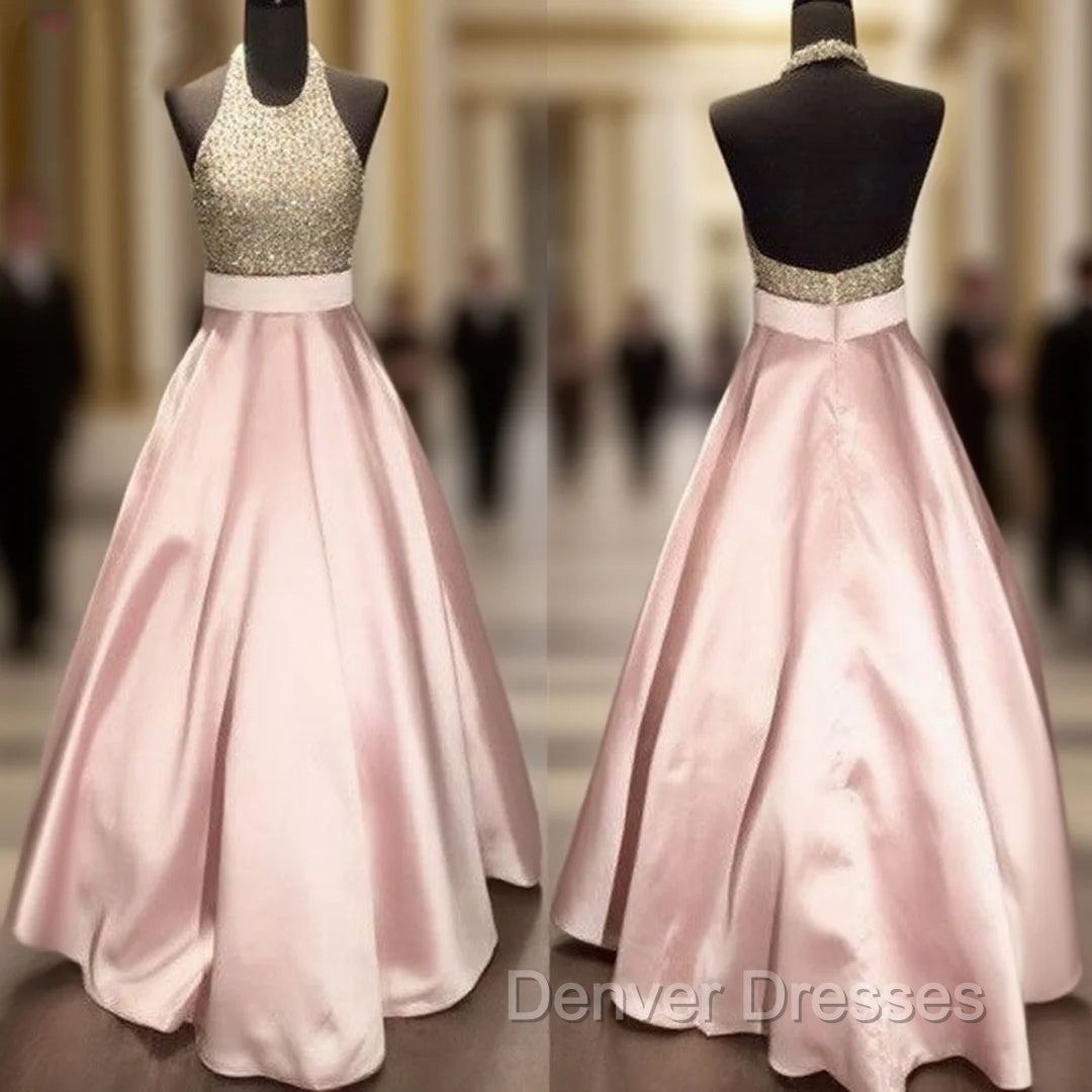 Pink Round Neck Sequin Long Prom Gown, Pink Evening Dress For Teens Main image