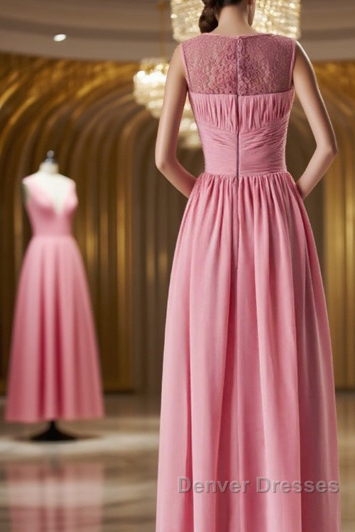 Pink round neck tulle lace long prom Dress, pink lace bridesmaid Dress Secondary image