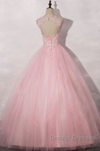 Pink round neck tulle lace long prom Dress pink tulle formal Dress