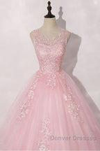 Pink round neck tulle lace long prom Dress pink tulle formal Dress