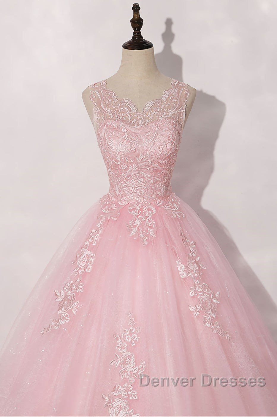 Pink round neck tulle lace long prom Dress pink tulle formal Dress