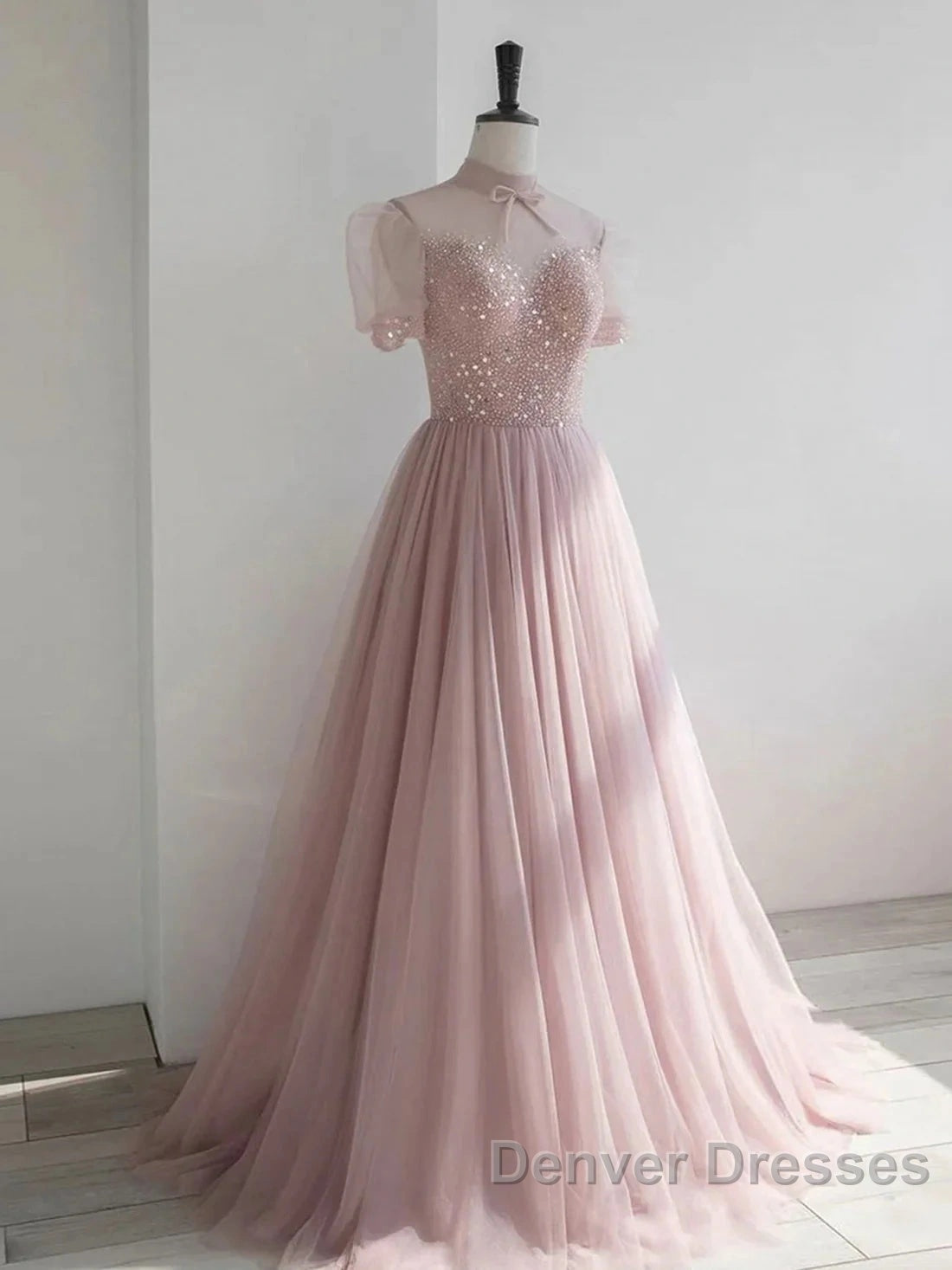 Pink Round Neck Tulle Sequin Long Prom Dress Formal Dress Short Sleeves December Wedding Guest Dress Secondary image