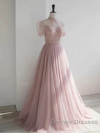 Pink Round Neck Tulle Sequin Long Prom Dress Formal Dress Short Sleeves December Wedding Guest Dress